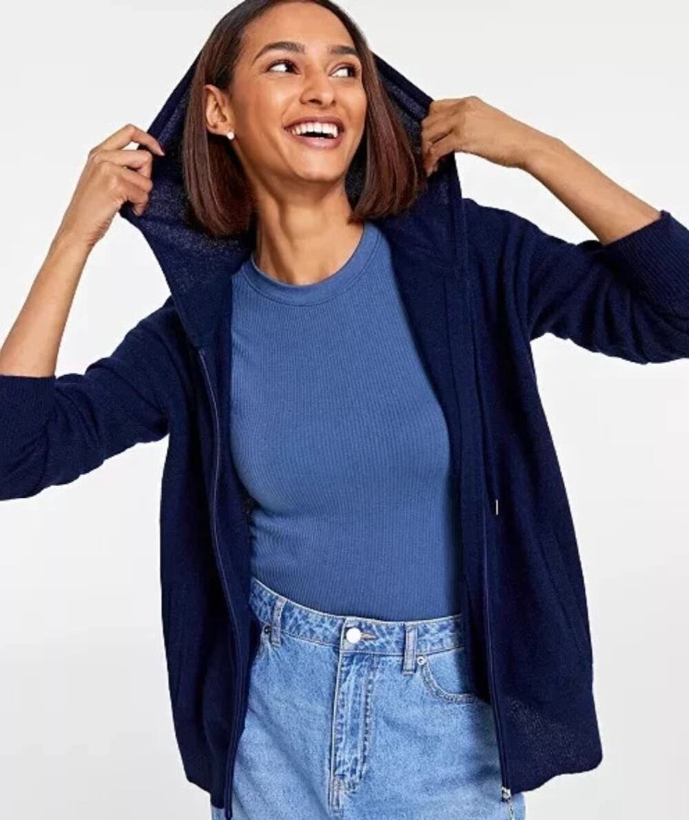 Charter Club 100% Cashmere Hoodie Full Zip Cardigan Sweater Medium Jacket